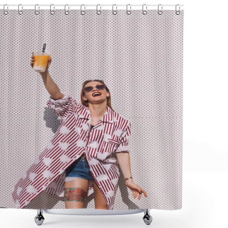 Personality  Attractive Young Woman Holding Cocktail In Plastic Cup In Front Of White Wall Shower Curtains