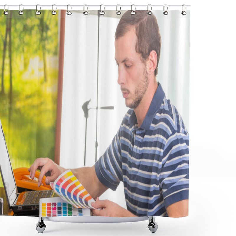 Personality  Man Wearing Blue White Striped T-shirt Sitting By Work Desk Using Phone And Looking At Pantone Palette, Colormap Shower Curtains