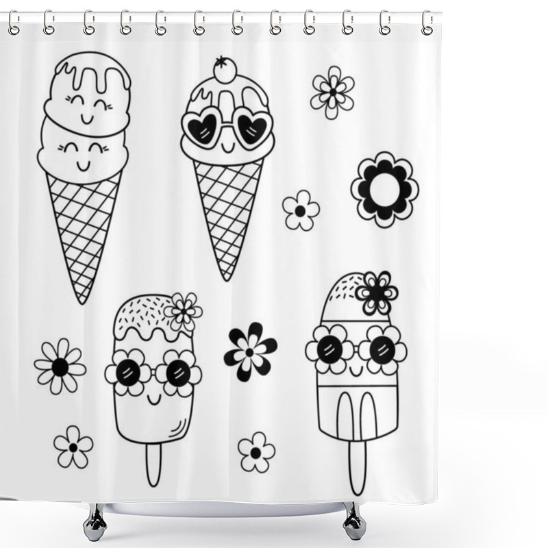 Personality  Set Of Isolated Black And White Cute Ice Cream And Flowers Shower Curtains