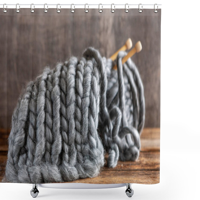 Personality  Knitting. Thick Gray Threads On Wooden Knitting Needles.  Shower Curtains