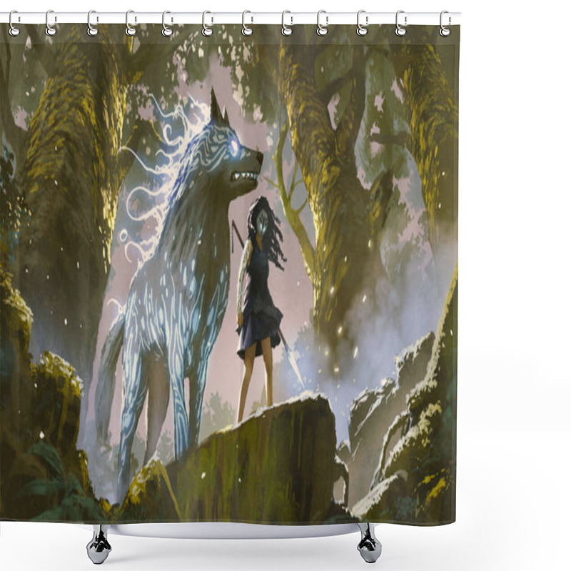 Personality  Wild Girl With Her Wolf Standing In The Forest, Digital Art Style, Illustration Painting Shower Curtains