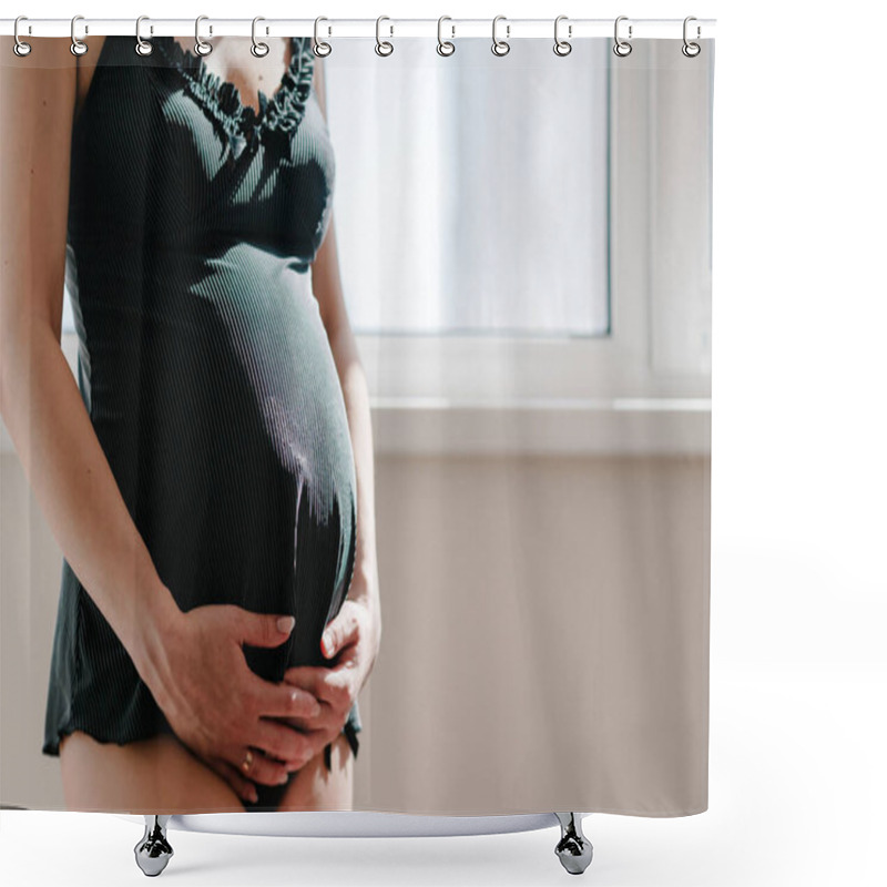 Personality  Pregnant Woman Hold Hands Round Stomach, Girl Embraces A Round Belly Near The Window At Home. Standing Sideways. Maternity Concept. Close Up. Nine Months. Baby Shower. Shower Curtains