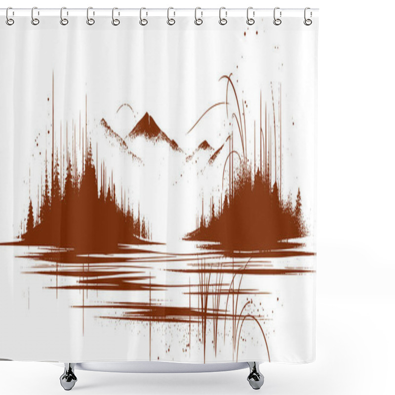 Personality  Silhouette Drawing Vector Illustration Of Forest Landscape With Mountains Shower Curtains