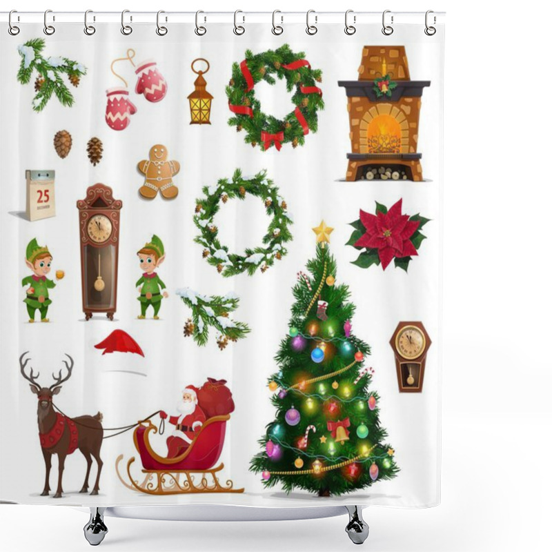 Personality  Christmas Winter Holidays Icons With Santa Gifts Shower Curtains