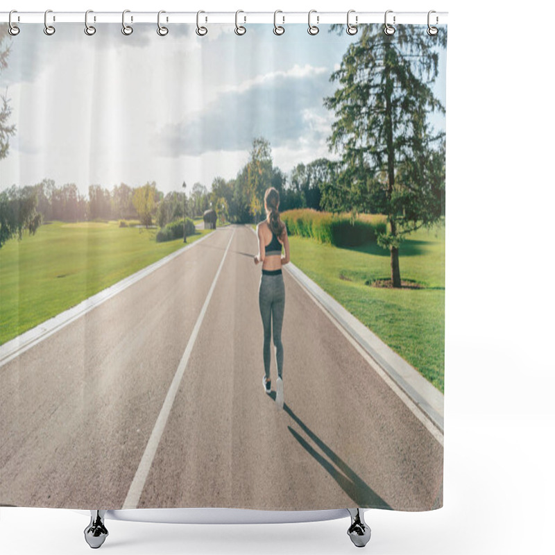 Personality  Woman Running In Park Shower Curtains