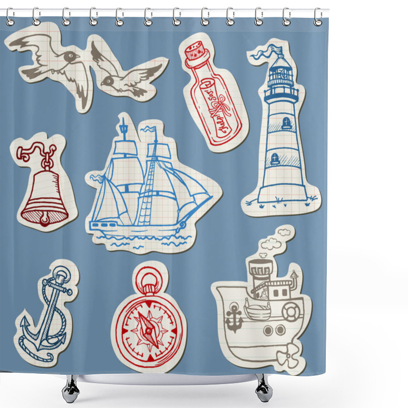 Personality  Nautical Doodles On Torn Paper- Hand Drawn Collection In Vector Shower Curtains