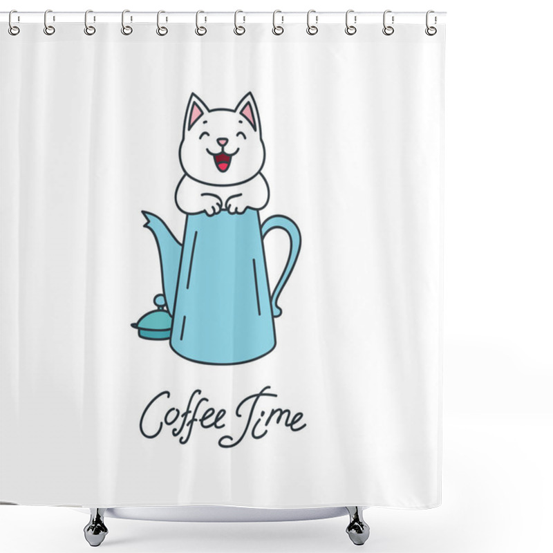 Personality  Coffee Time. Kawaii Illustration Of A Happy Cat Sitting In A Coffee Pot Isolated On White Background. Vector 8 EPS. Shower Curtains