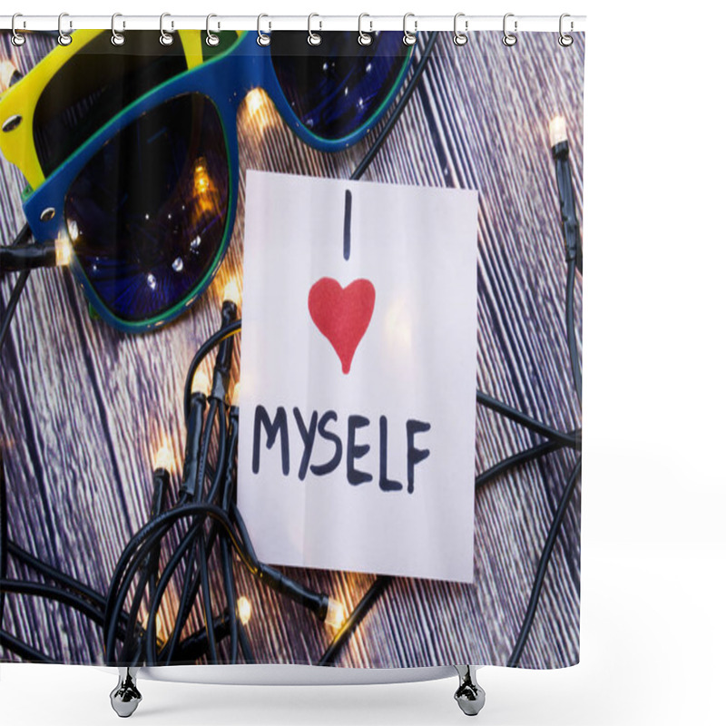 Personality  I Love Myself Concept Handwritten On The Paper With Wooden Background. Emotional And Love Concept With Retro Background. Egoistic Concept With I Love Myself Words Shower Curtains