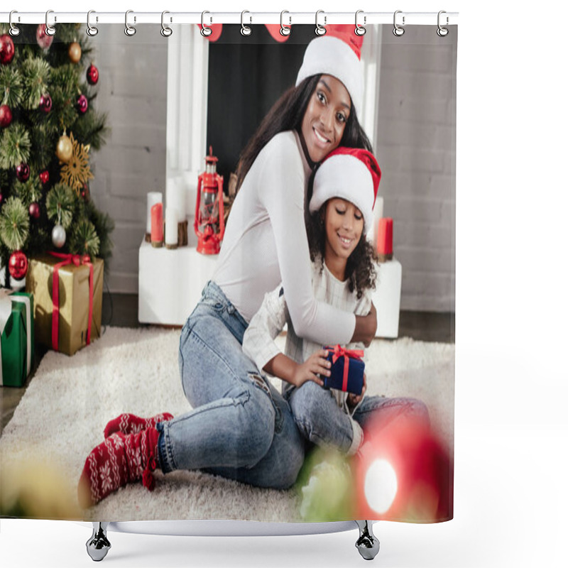 Personality  Smiling African American Woman Hugging Little Daughter With Christmas Gift In Decorated Room At Home Shower Curtains