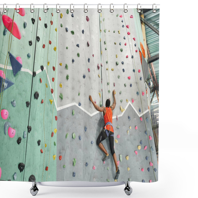 Personality  Sporty African American Man In Orange Shirt Climbing Up With Alpine Harness And Safety Rope Shower Curtains