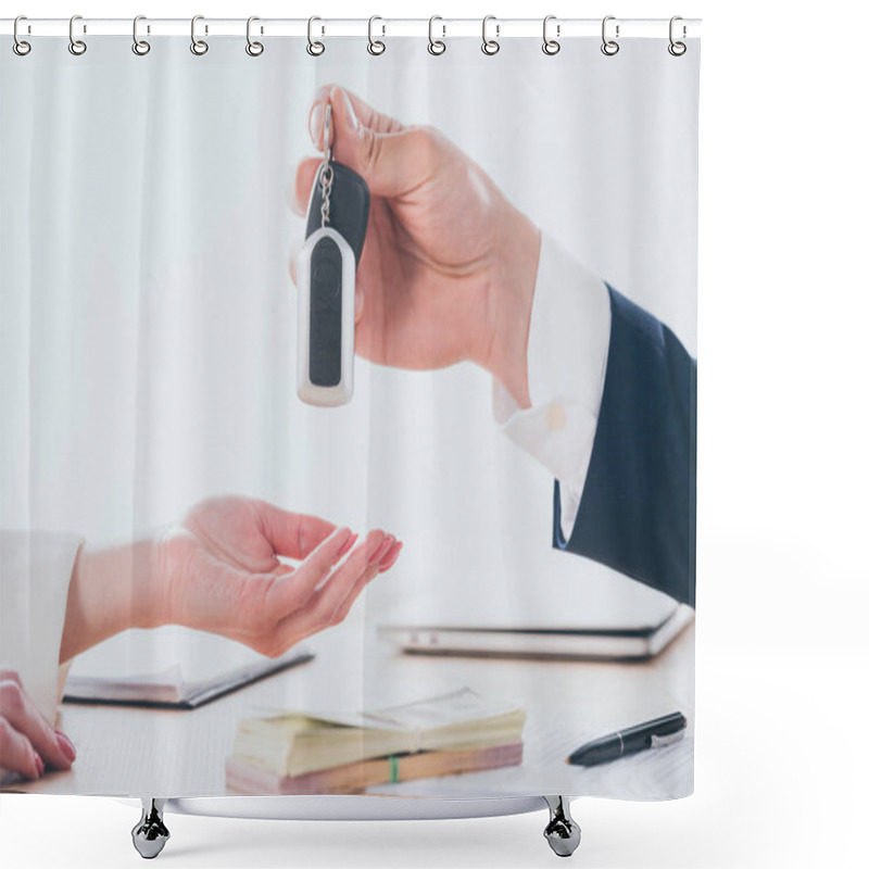 Personality  Partial View Of Businessman Giving Car Keys To Customer In Office Shower Curtains