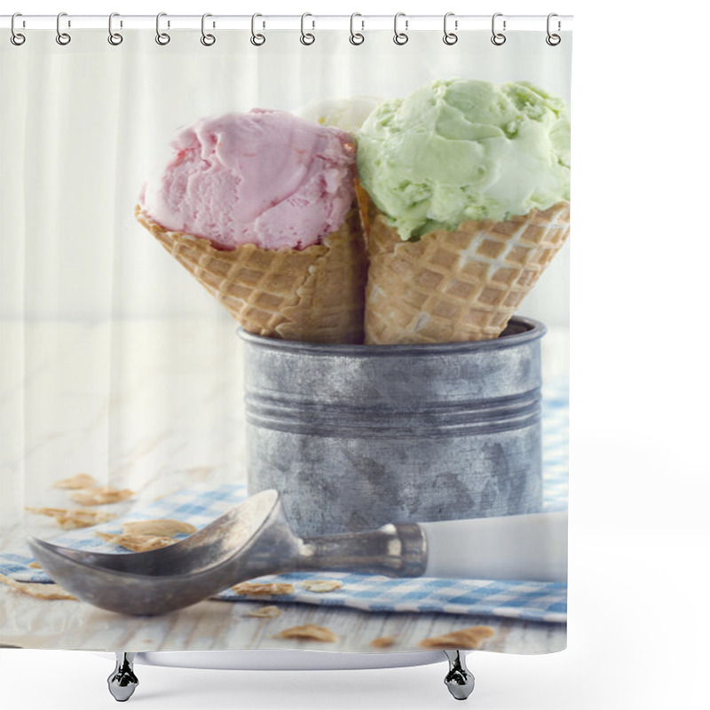 Personality  Ice Cream Cones On Wooden Rustic Background Shower Curtains