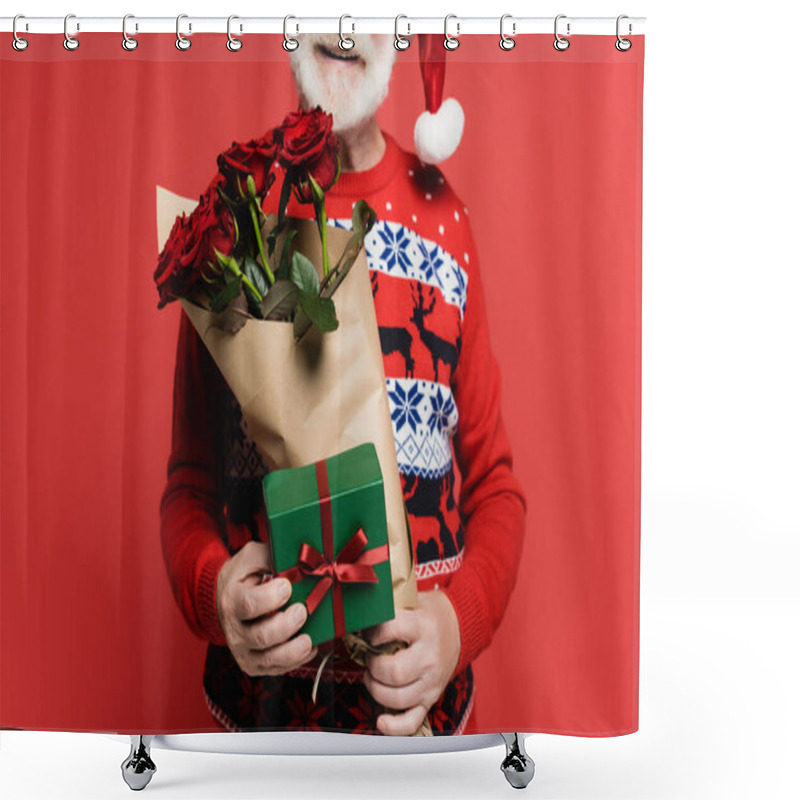 Personality  Cropped View Of Smiling Senior Man In Santa Hat Holding Gift Box And Bouquet Of Roses Isolated On Red  Shower Curtains