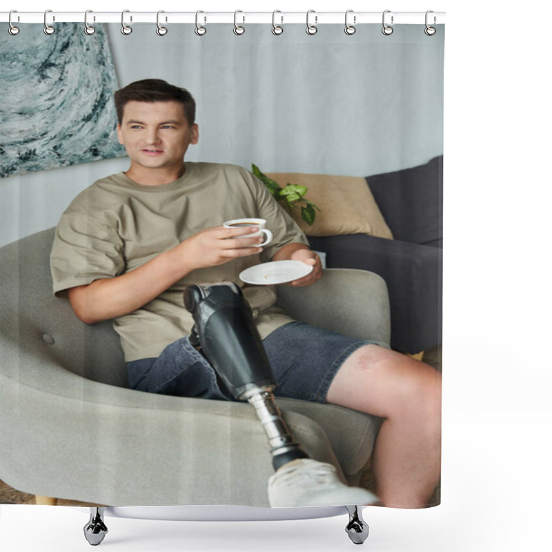 Personality  Young Man Enjoys A Coffee And Snack In A Cozy Living Area With A Prosthetic Leg. Shower Curtains