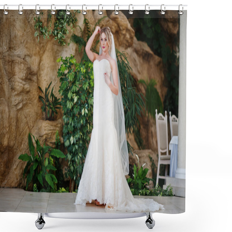 Personality  Gorgeous Blonde Bride Posed At Great Awesome Wedding Hall Shower Curtains