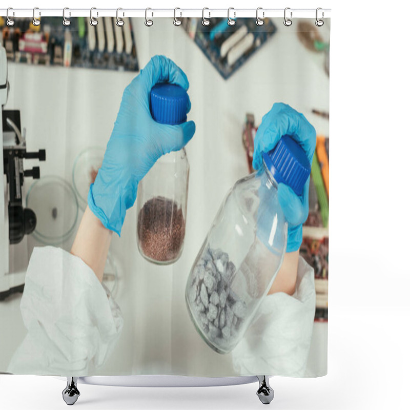 Personality  Partial View Of Engineer Holding Jars With Gravel Near Computer Motherboards Shower Curtains