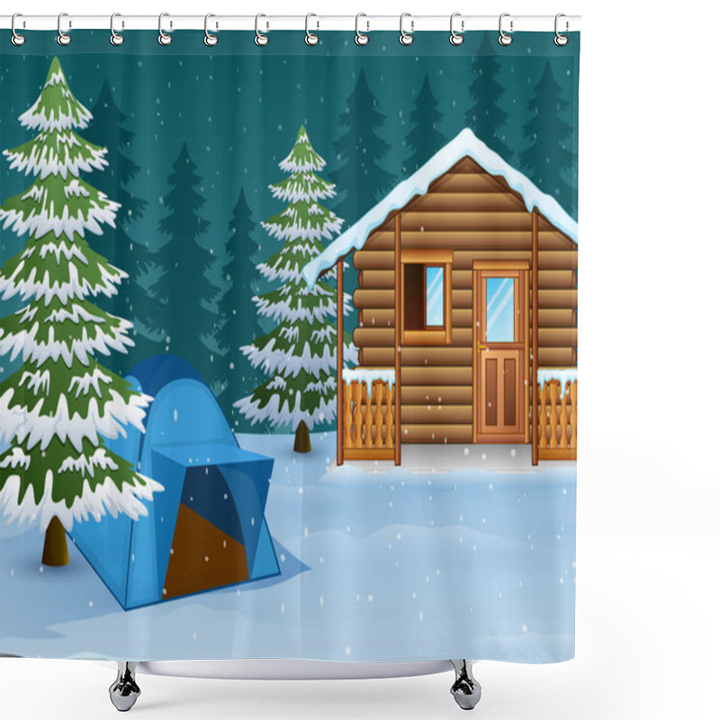 Personality  Cartoon Blue Tent In Front Of The House In The Winter Night Shower Curtains