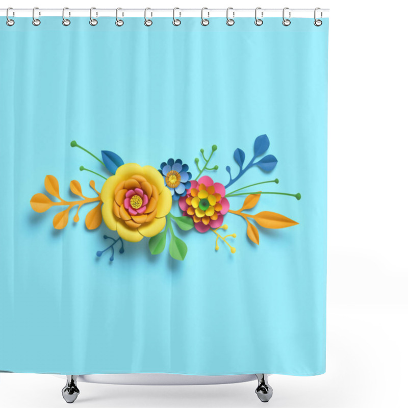 Personality  3d Render, Craft Paper Flowers, Festive Floral Bouquet, Horizontal Border, Botanical Arrangement, Bright Candy Colors, Nature Clip Art Isolated On Sky Blue Background, Decorative Embellishment Shower Curtains