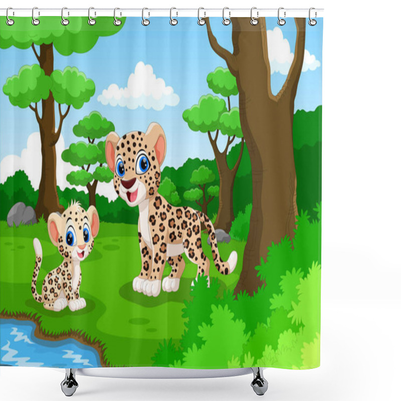 Personality  Leopard Cartoon In The Forest With His Cute Son  Shower Curtains