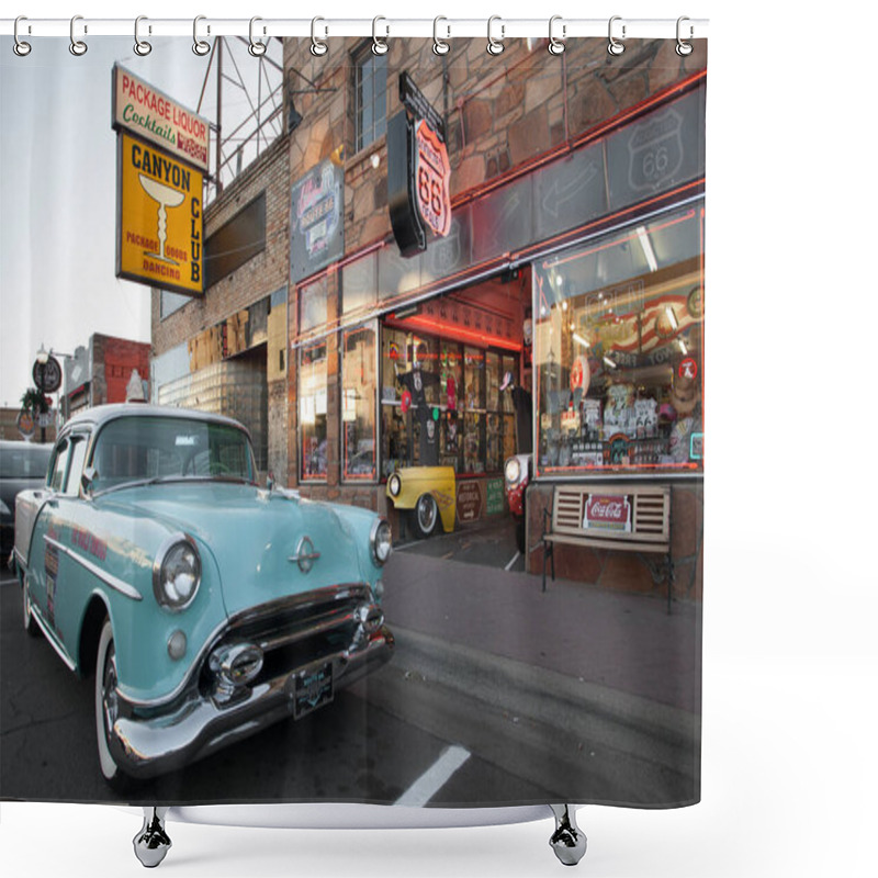 Personality  Williams, Arizona, USA: May 2014: Street Scene With Classic Car In Front Of Souvenir Shops In Williams, One Of The Cities On The Famous Route 66 Shower Curtains