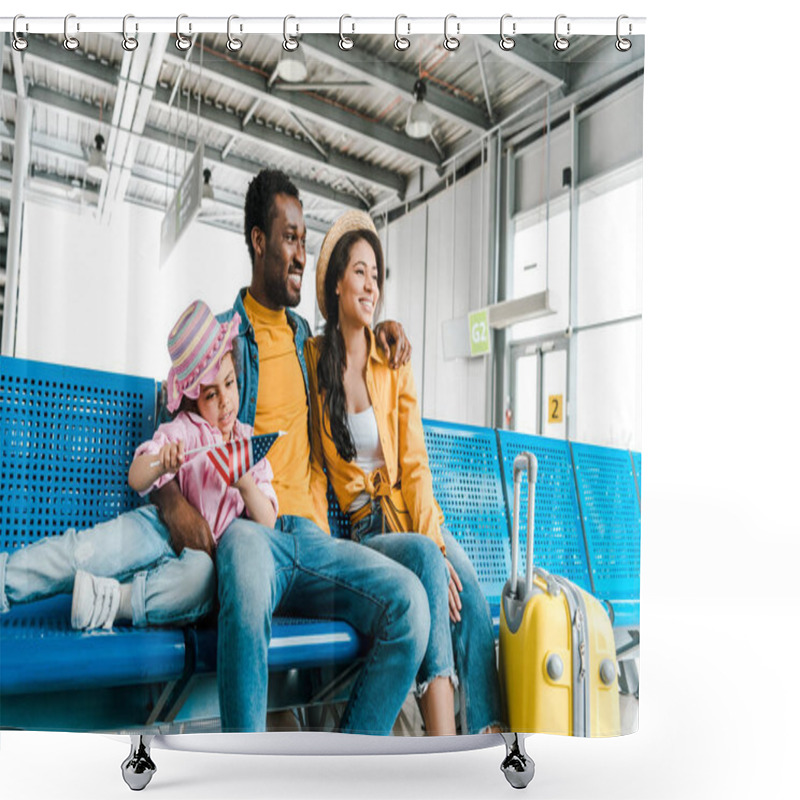 Personality  Smiling African American Family Sitting In Airport With Suitcase While Kid Holding American Flag Shower Curtains