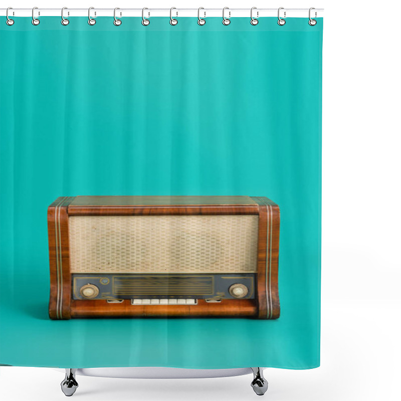 Personality  Wooden Radio On Turquoise Background With Copy Space Shower Curtains