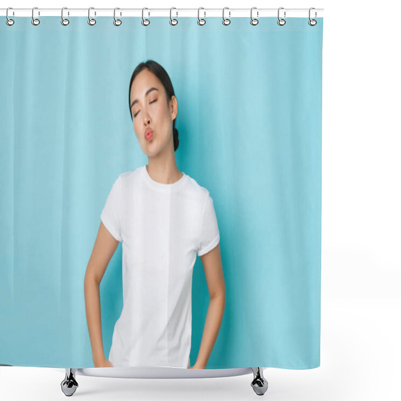 Personality  Silly And Cute Asian Girl Close Eyes And Dreamy Pouting, Waiting Or Imaging Romantic Kiss, Looking Lovely Over Blue Background In Casual White T-shirt, Lifestyle And People Concept Shower Curtains