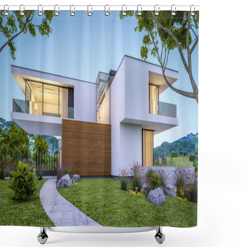 Personality  3d Rendering Of Modern Cozy House By The River With Garage For Sale Or Rent With Beautiful Mountains On Background. Clear Summer Evening With Blue Sky. Cozy Warm Light From Window. Shower Curtains