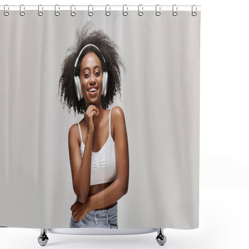 Personality  A Young African American Woman With Curly Hair Stands In Front Of A White Background, Wearing Headphones. Shower Curtains