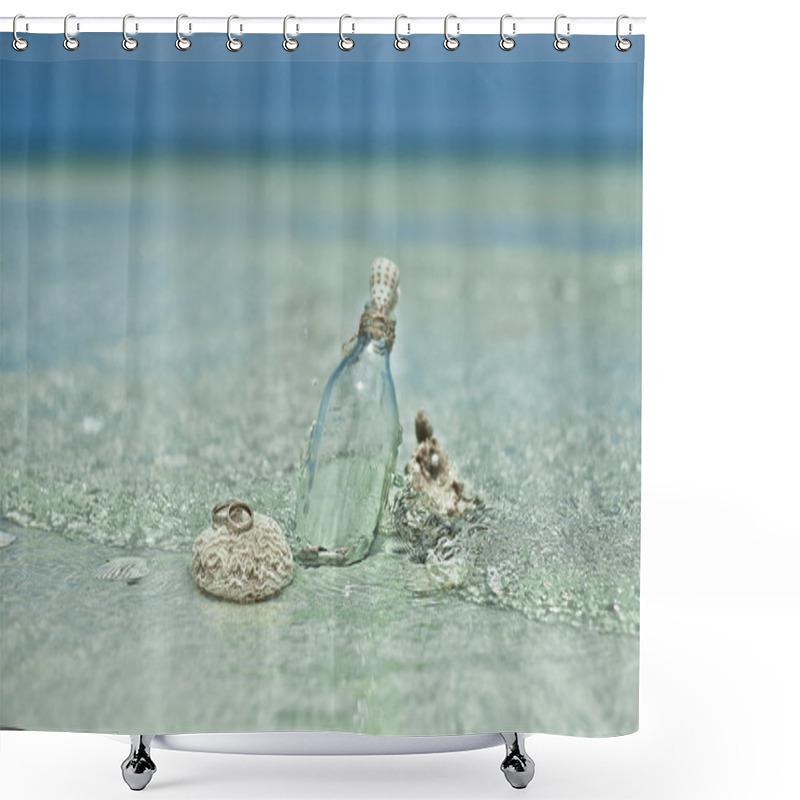 Personality  Two Wedding Rings On The Coral Stone With The Glass Bottle And Sea Shells On Tropic Beach In Thailand. Shower Curtains