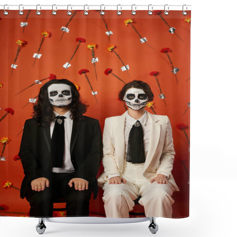 Personality  Scary Dia De Los Muertos Couple Sitting On Chairs And Looking At Camera On Red Floral Backdrop Shower Curtains