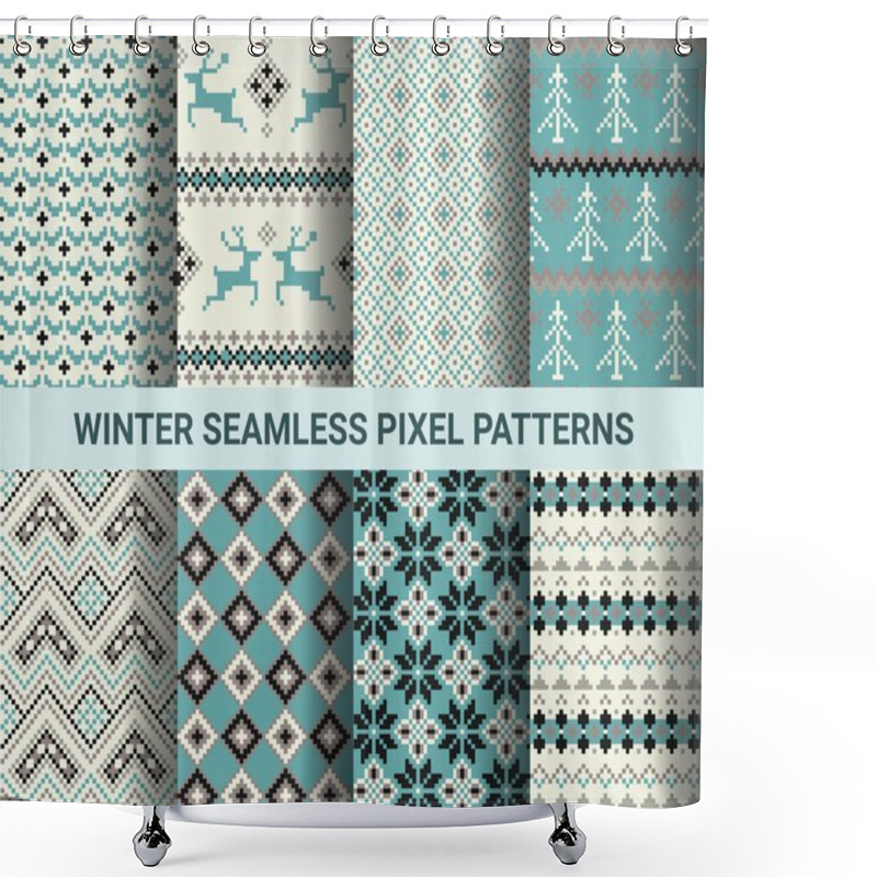 Personality  Collection Of Pixel Retro Seamless Patterns With Stylized Winter Nordic Ornament. Vector Illustration. Shower Curtains