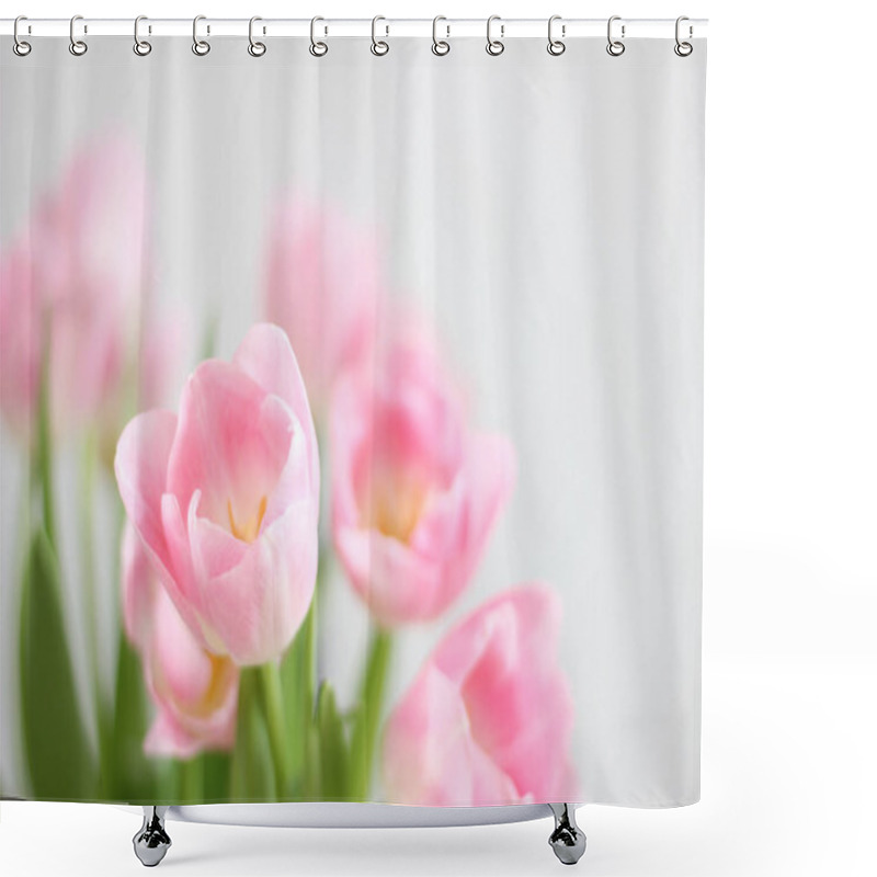 Personality  Bouquet Of Pale Pink Tulips On White Background. Valentine's Day, International Women's Day Flower Gift.  Valentine's Day Backdrop. Art Design With Flowers. Shower Curtains