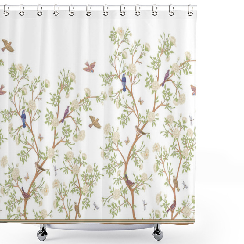 Personality  Camellia Blossom Tree With Sparrow, Finches, Butterflies, Dragonflies Shower Curtains