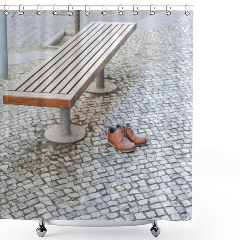 Personality  Brown Leather Shoes On A Cobblestone Pavement Next To A Bench In An Urban Setting. Shower Curtains