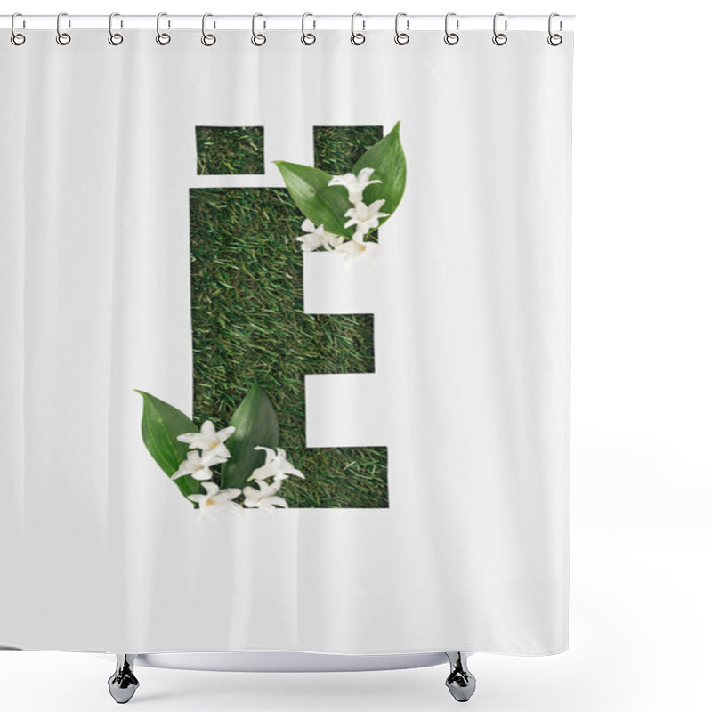 Personality  Top View Of Cyrillic Letter With Natural Grass On Background And White Spring Flowers With Green Leaves Isolated On White Shower Curtains