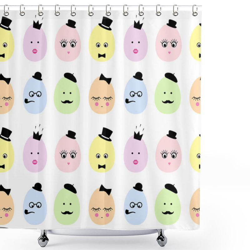 Personality  Easter Eggs With Cute Faces, Fashion Glasses, Mustache, Bow-tie, Hat, Tobacco Pipe, Eyes, Lashes, Lips, Crown On White Background. Colorful Easter Eggs Seamless Pattern. Shower Curtains