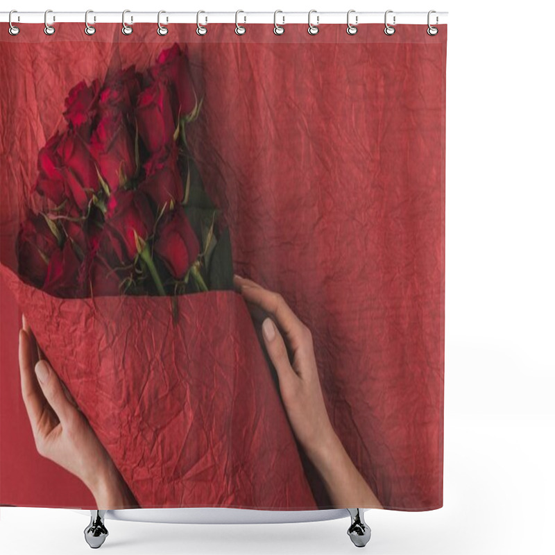 Personality  Partial View Of Woman Holding Bouquet Of Red Roses In Wrapping Paper For St Valentines Day Shower Curtains