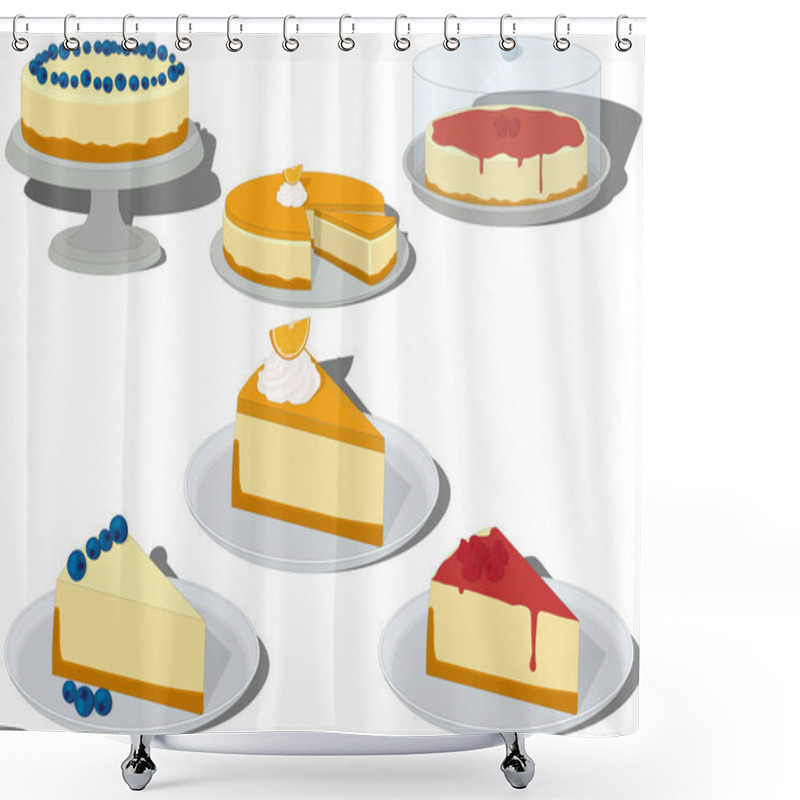 Personality  Fruit And Berry Whole Cheesecakes And Pieces On Plates Vector Illustration Shower Curtains