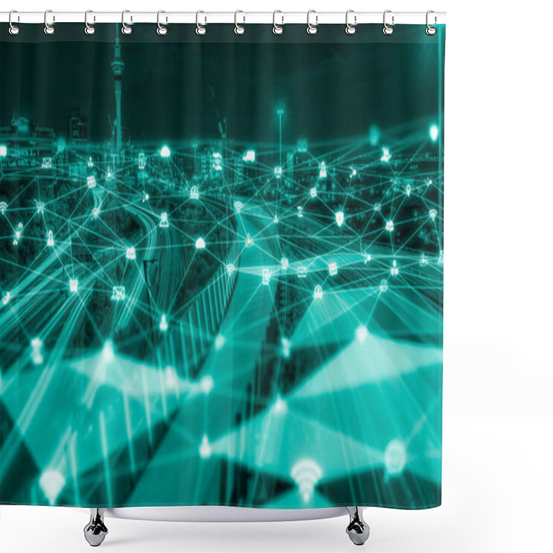 Personality  The Modern Creative Communication And Internet Network Connect In Smart City . Concept Of 5G Wireless Digital Connection And Internet Of Things Future. Shower Curtains