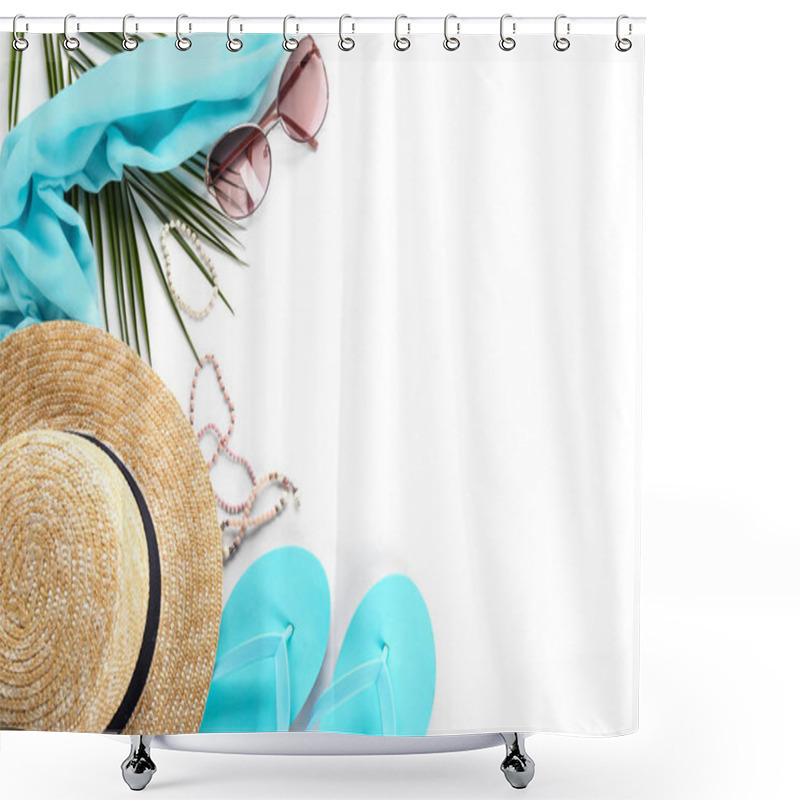 Personality  Flat Lay Composition With Stylish Hat And Beach Objects On White Background Shower Curtains