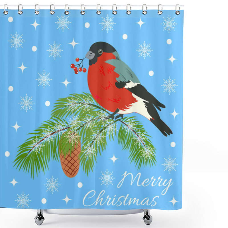 Personality  Christmas Card With A Bullfinch And Fir Shower Curtains