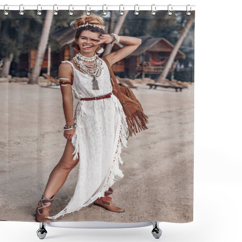 Personality  Beautiful Young Cheerful Boho Woman Walking On The Beach  Shower Curtains