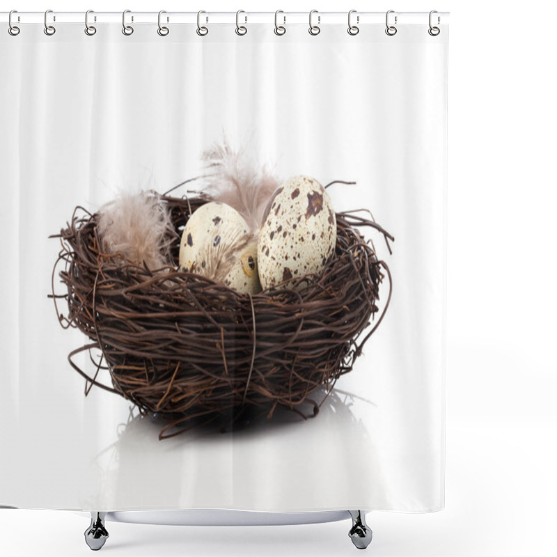 Personality  Quail Eggs In Birds Nest Isolated On White Background Shower Curtains