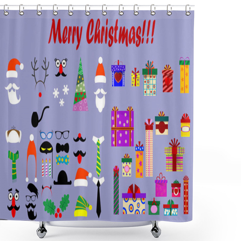 Personality  Christmas Hats, Beards, Mustache, Horns. Vector Set Shower Curtains