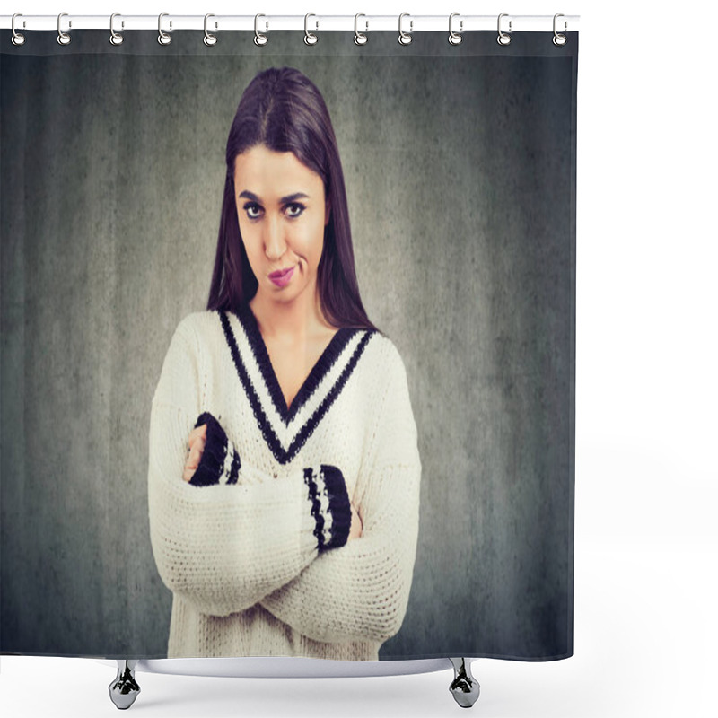 Personality  Young Upset Woman Frowning At Camera Looking Displeased On Gray Background Shower Curtains