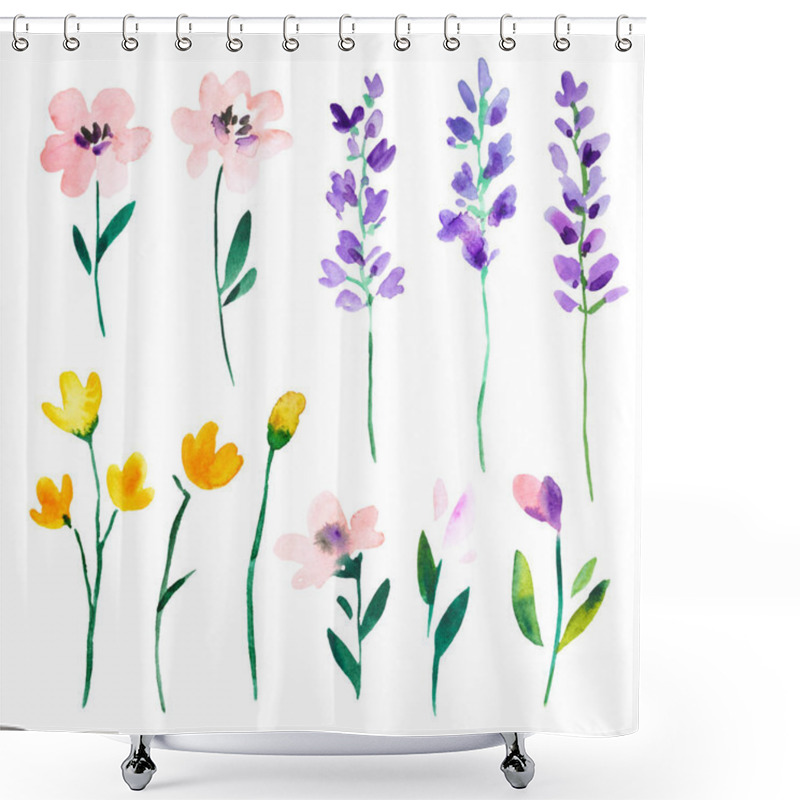 Personality  Watercolor Wild Meadow Abstract Flowers And Lavender Branches Isolated On White Background. Big Set Of Botanical Design Elements For Decor And Greeting Cards. Shower Curtains