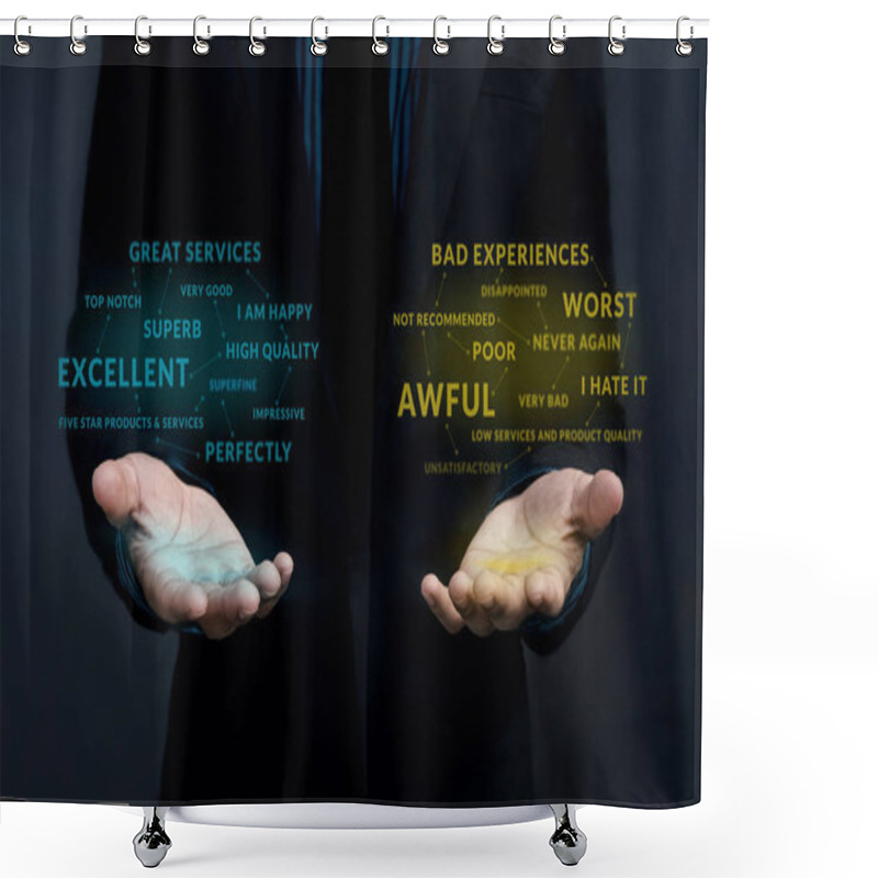 Personality  Customer Experience Strategy Concept. Positive And Negative Online Review Floating Over Businessman's Hands To Measurement And Analysis Shower Curtains