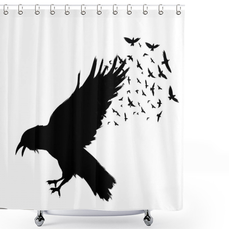 Personality  Raven Flying . Black Raven Isolated On White Background. Hand Drawn Crow. Shower Curtains