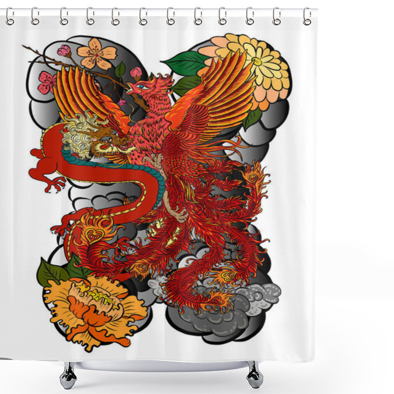 Personality  Beautiful Line Art Of Phoenix For Tattoo Design On Background.Phoenix Vector For Printing On Shirt.Phoenix Vector Illustration For Doodle Art And Coloring Book On White Isolated Background. Shower Curtains